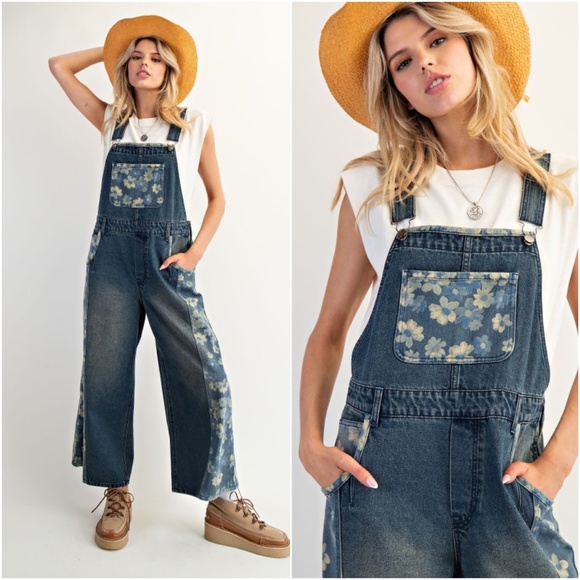 Easel Dark Wash Floral print Pockets Wide leg Cropped Denim overalls - Picture 1 of 4